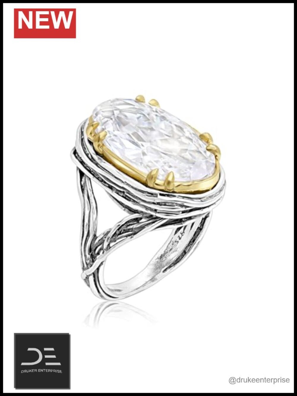 925 Sterling Silver & 14K Gold Plated Oval CZ Wire Wrap Ring Size 7